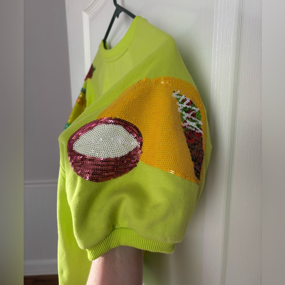 QUEEN OF SPARKLES Neon Lime Sequin Mexican Food Sweatshirt Top - Picture 3 of 5